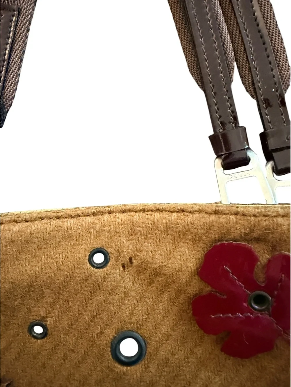 Authentic Prada FW1999 Appliqué Leaves Suede Wool Mesh Tote Bag Archive Vintage
